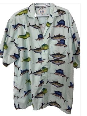 Uzzi Amphibious Gear Hawaiian SZ XL Short Sleeve Shirt with Fish/Marlin Pattern